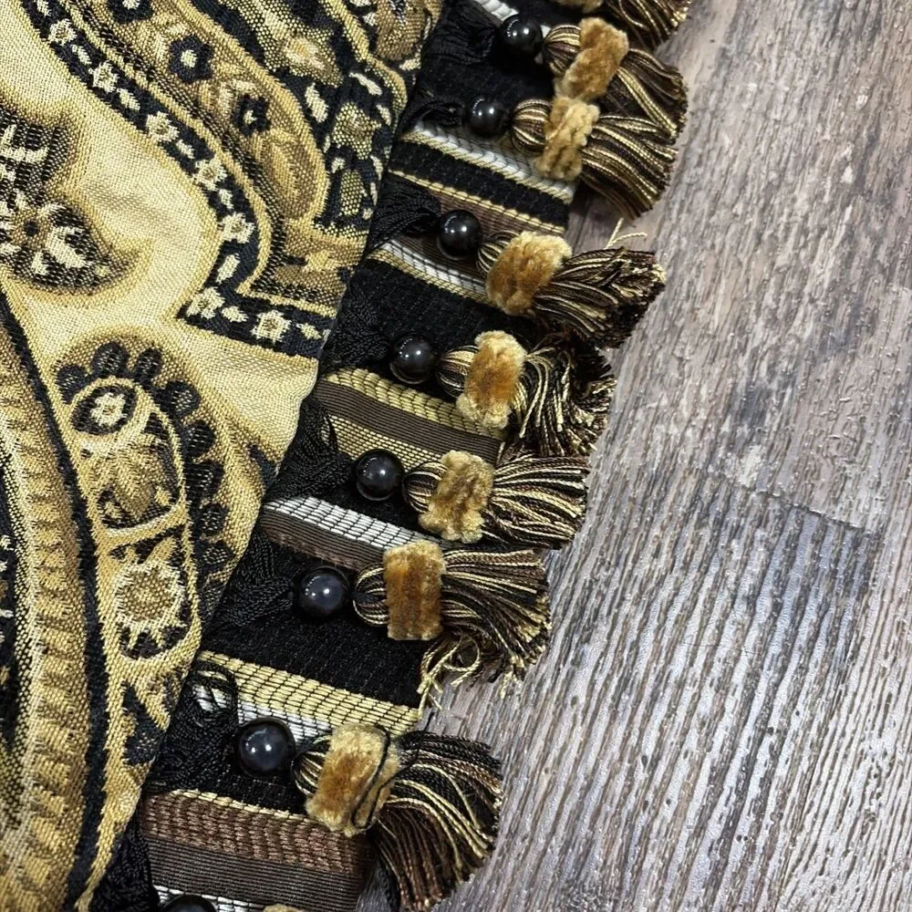 Arabella chenille damask decorative throw pillow Sham with brown & gold fringe
